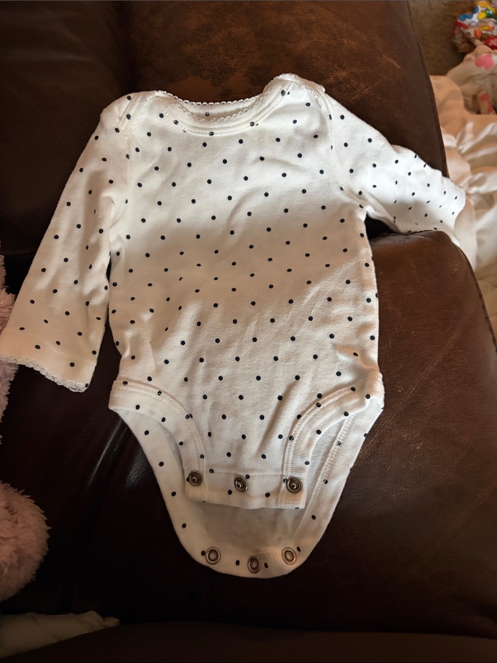 Carter's White Long-Sleeve One-Piece with Navy Polka Dots